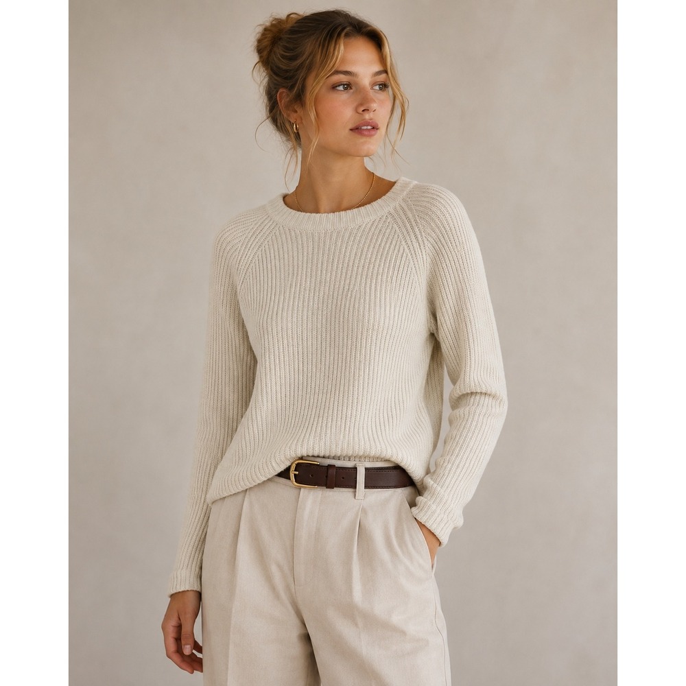 Vince Knit Sweater Sz XS Cream Cotton Cashmere Blend Ribbed Crew Neck Preppy